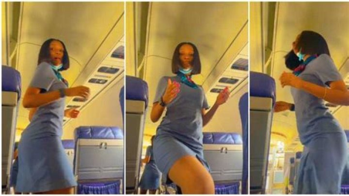 Beautiful Female Flight Attendant Records Herself as She Dances with Her Waist in an Aeroplane in Cute Video